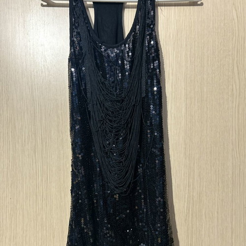 TT Studio black tank top with birds and fringes used, S/M