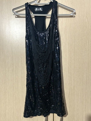 TT Studio black tank top with birds and fringes used, S/M