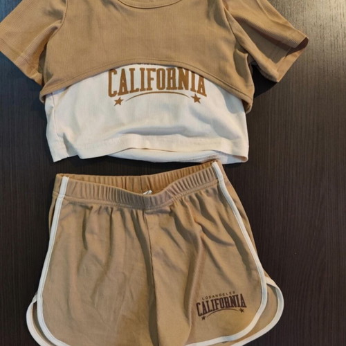 California kids' set crop top and shorts used, beige and brown, 6 years