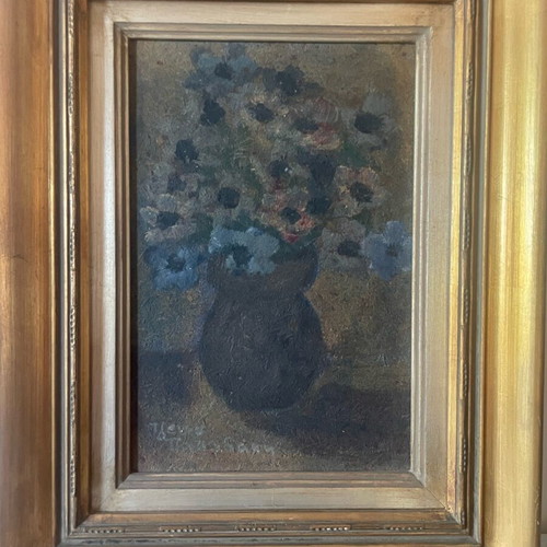 Oil painting on canvas Vase with flowers by Jenny Papadaki with carved frame