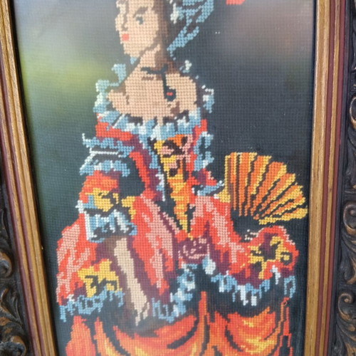 Two embroidered framed textile paintings used, 55×25 cm