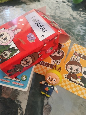 Labubu figure used with box, cards and keychain feature