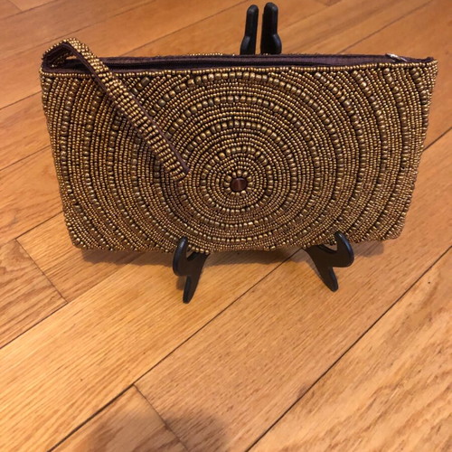 A To Z Greek Handbag Gold with Embroidered Birds Like New
