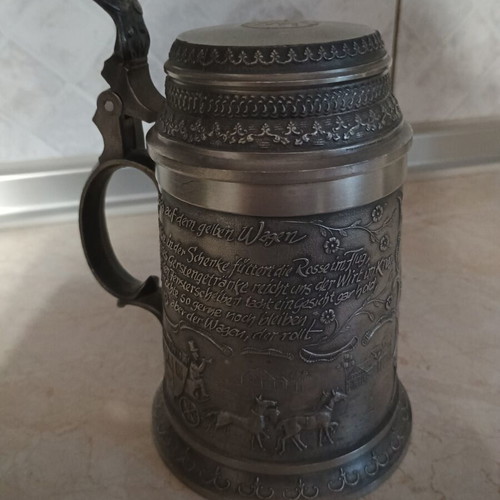 Vintage German beer stein used, embossed tavern scenes, 95% pewter