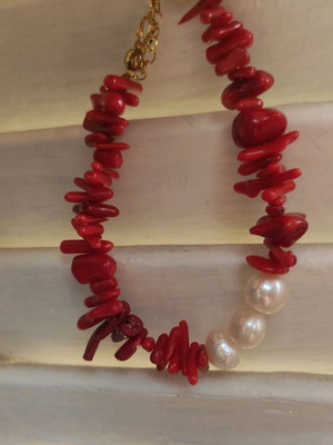 Coral and cultured pearl bracelet new with steel elements