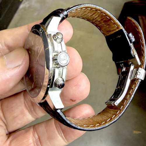 Tissot PRC 200 chronograph watch, black dial, leather strap