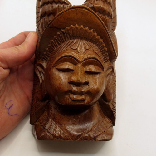 Vintage hand-carved wooden figure woman with birds, India, 23 cm
