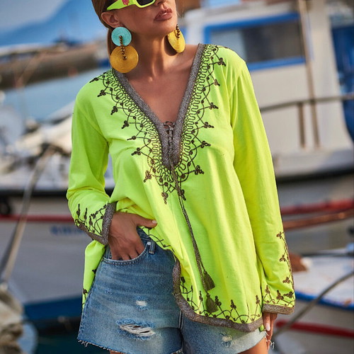Majorelle caftan in bright fluorescent color with handmade embroidery, new, size S