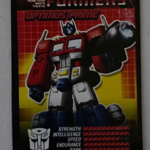 Transformers Optimus Prime card with stats