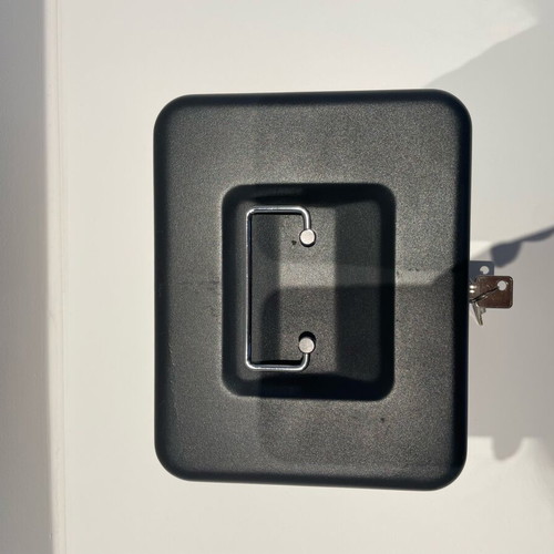 Portable cash box with 2 keys like new, metal, black matte