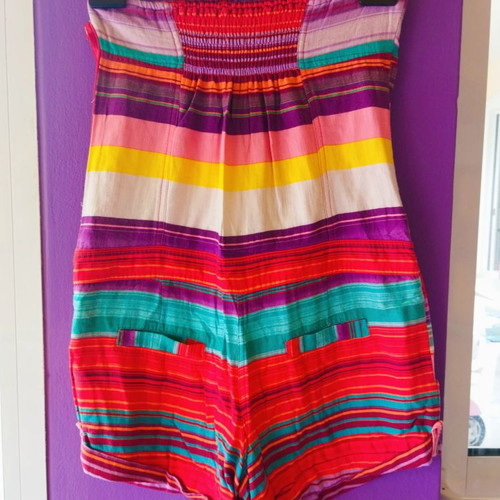 Medium strapless jumpsuit used, colorful, size 38 with belt