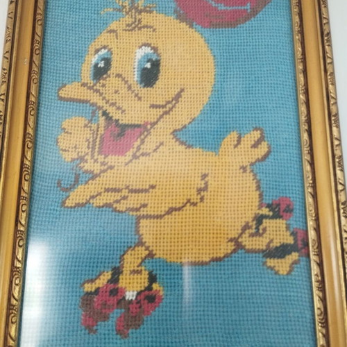 Premium vintage handmade Tweety embroidery in golden wooden frame, like new