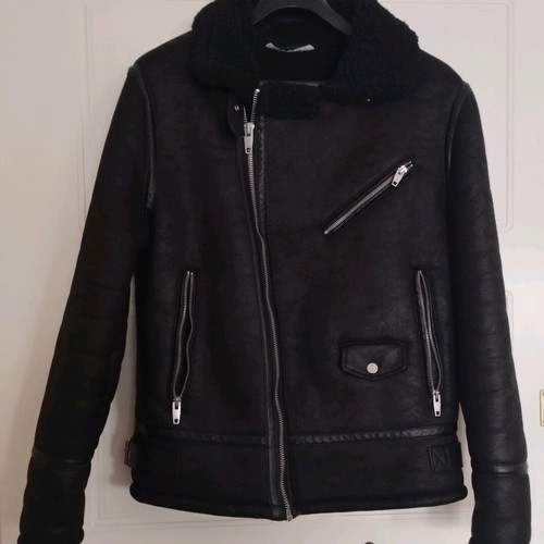 Zara Shearling Aviator Biker Jacket, black, size L