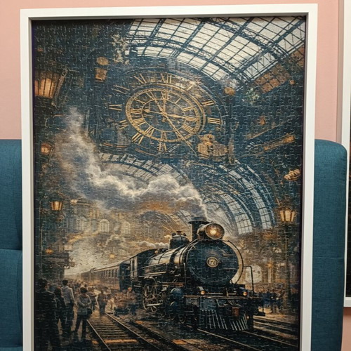 Puzzle 1000 pieces like new with white wooden frame, vintage steam train