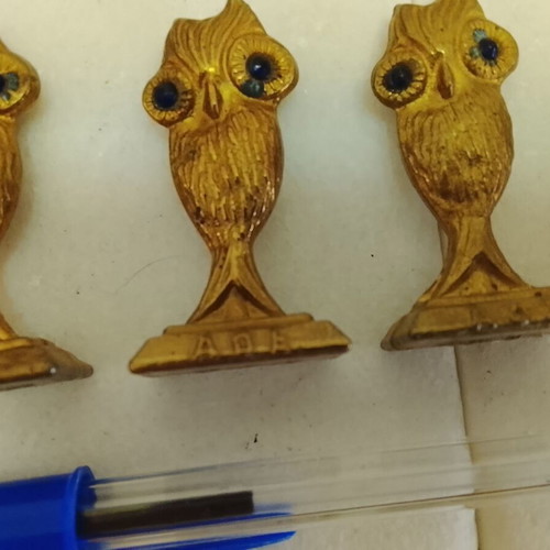 Set of 5 vintage large bronze Athena owls used