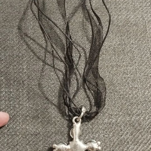 Women's necklace with large black stone cross and organza ribbon, like new
