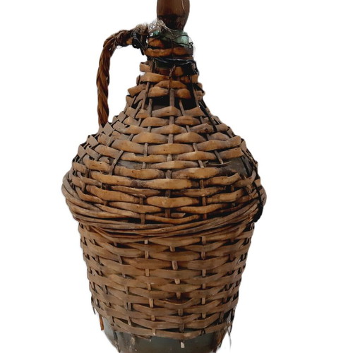 Dame-Jeanne vintage demijohn used, light blue glass with wicker