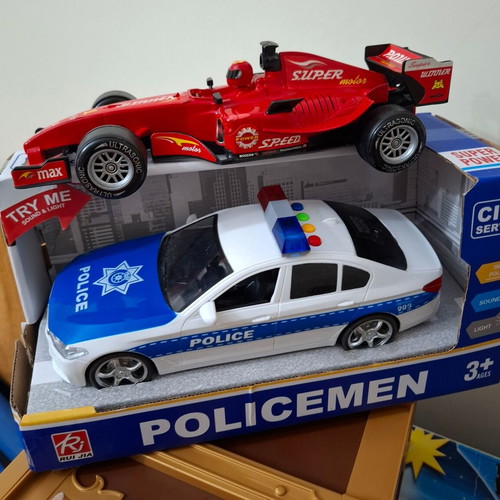 Police Car and Formula Racing Toy Set with Sounds and Light like new