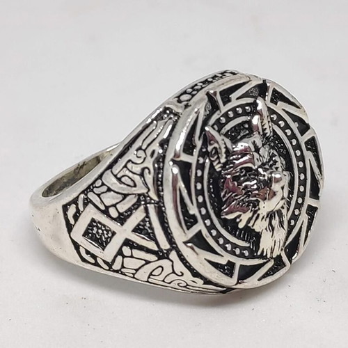 Men's Wolf Head Ring with Viking Symbols like new