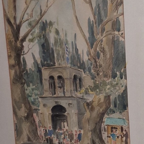 Evangelos Klonaridis Signed Watercolor Greek Festival Monastery Scene