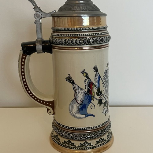 German Beer Stein handmade, like new, with pewter lid and imperial emblem