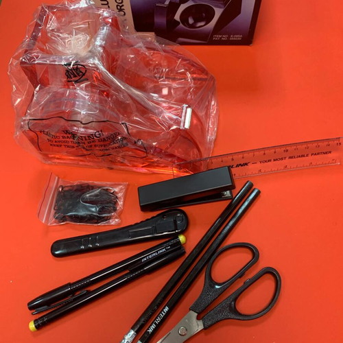 Exclusive desk organizer set with stand, cutter, scissors, stapler, ruler, pens, pencils, clips