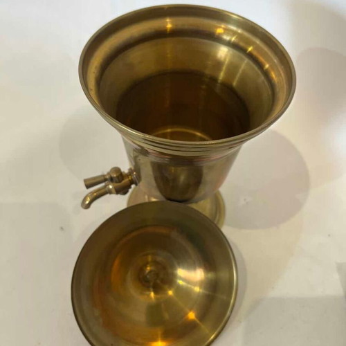 Vintage brass amphora with tap and lid, rustic decoration