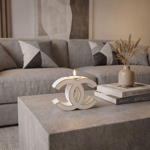 Tealight candle holder Chanel design with 6 plant-based soy candles Baby Powder and White Musk