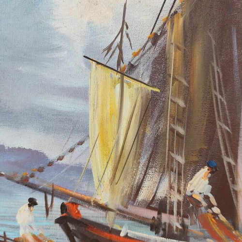 Oil painting used on canvas with seascape and fishing boats
