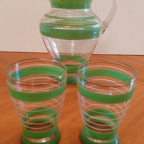 Borske Sklo Bohemia Serving Set, vintage 1960s emerald green