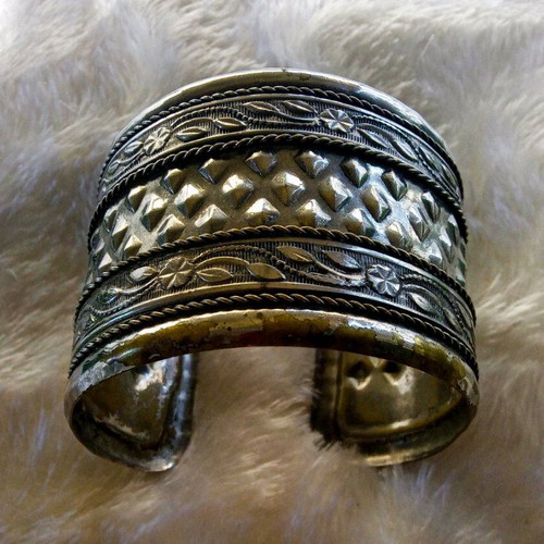 Handmade vintage ethnic cuff bracelet, silver tone