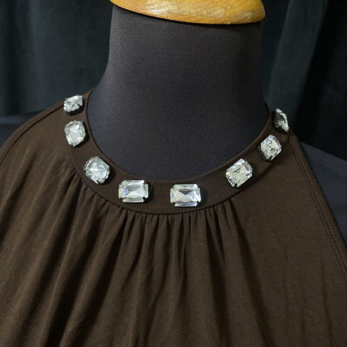 Mini dress with open back and stones on neckline, brown, size M, like new