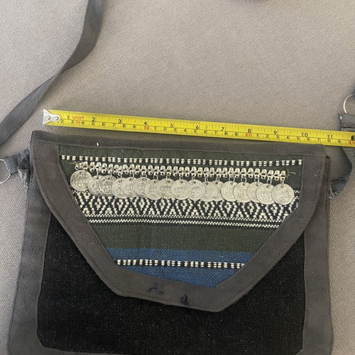 Woven fabric crossbody bag with coins like new, black