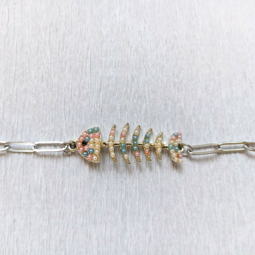 Steel fishbone chain bracelet with colorful beads