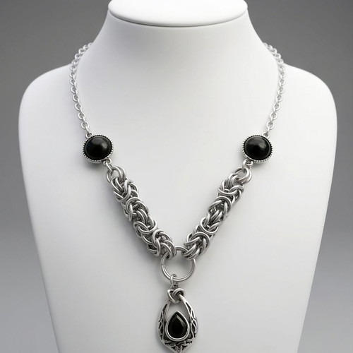 Steel Chainmail Necklace with Black Onyx Adjustable 40-50 cm