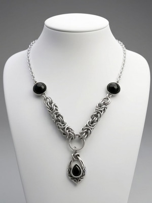 Steel Chainmail Necklace with Black Onyx Adjustable 40-50 cm