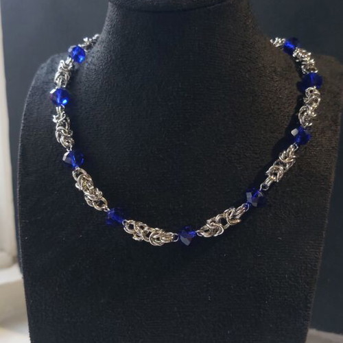 Chainmail necklace with blue beads handmade, stainless steel and glass