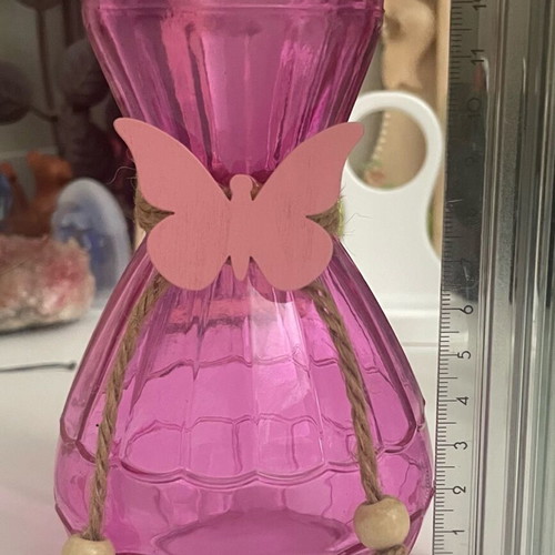 Butterfly vase like new, fuchsia with pink wooden butterfly and string