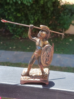 Brass statue of Spartan hoplite with spear and shield like new