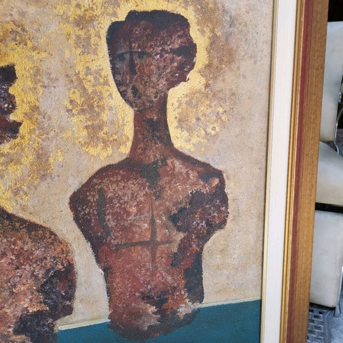 Signed painting by F. Kappos used, modern abstract artwork with two figures