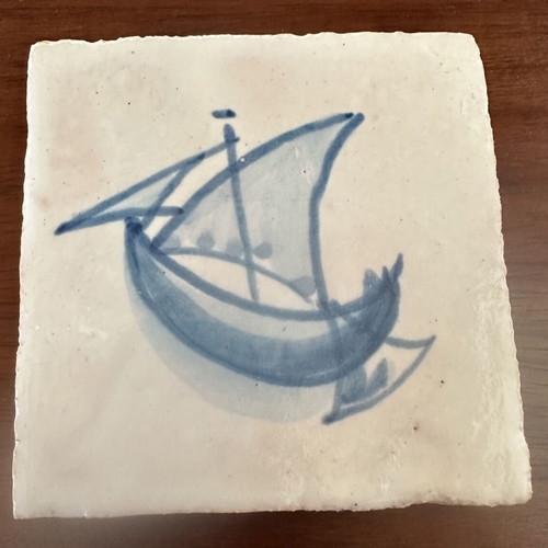 Handmade ceramic coaster from Portugal with sailing ship design
