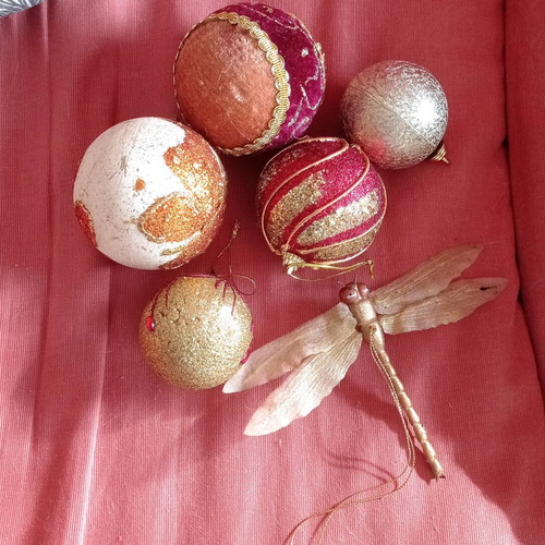 Golden Christmas balls used, set of 5 with dragonfly ornament