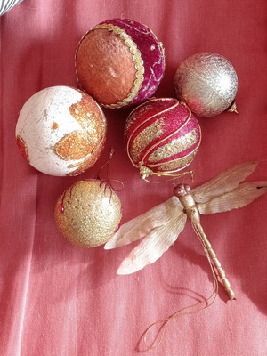 Golden Christmas balls used, set of 5 with dragonfly ornament