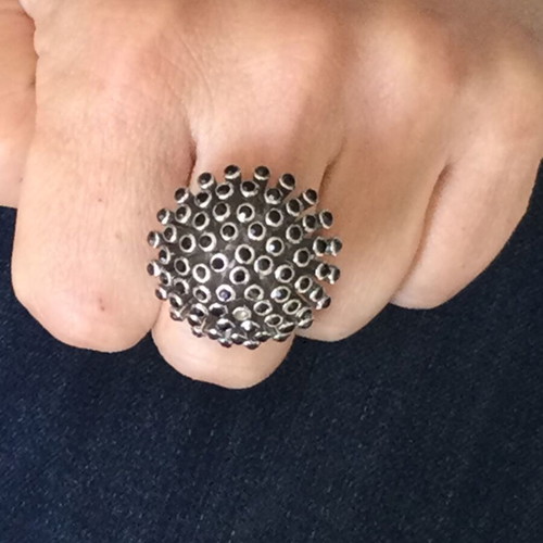 Mushroom-shaped ring with black stones like new