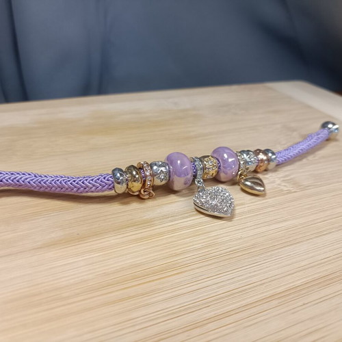 Purple women's bracelet with rhinestones, heart clasp
