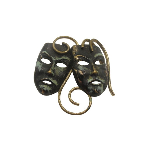 Vintage brass brooch with comedy and tragedy masks, 1950–1960