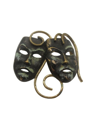 Vintage brass brooch with comedy and tragedy masks, 1950–1960