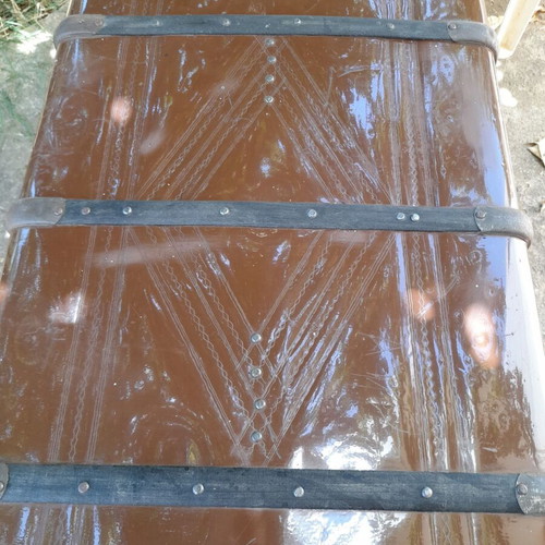 Large antique chest used with iron and wood design