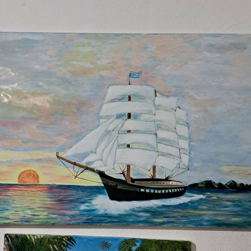 Oil painting ship new with oil paint