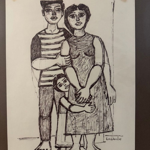 Lithograph Couple with Girl used, Giorgos Sikeliotis
